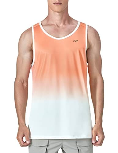 EZRUN Men's Quick Dry Workout Swim Beach Shirts Sleeveless Shirts for Bodybuilding Fitness Training — Orange White Gradient