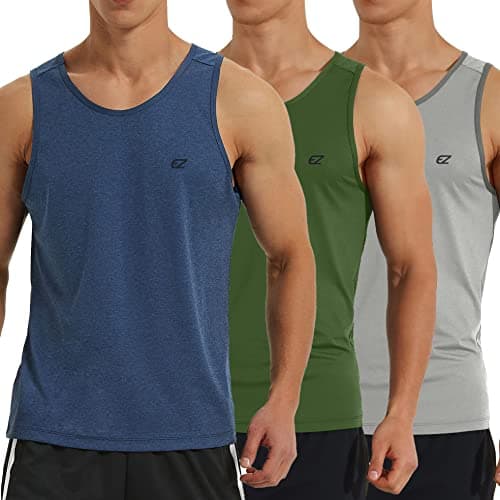 EZRUN Men's Quick Dry Workout Swim Beach Shirts Sleeveless Shirts for Bodybuilding Fitness Training — Blue/Light Grey/Army Green 3 Pack