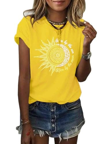 MaQiYa Women's Summer Vintage Short Sleeve Cotton Moon and Sun Printed T-Shirts Top
MaQiYa Women's Summer Graphic Tee Co — Yellow