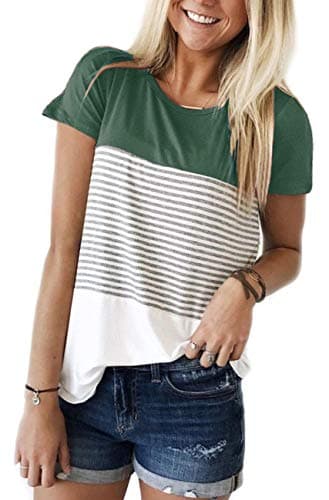 ANDUUNI Women's Crew Neck Short Sleeve Tees Color Block Striped T-Shirt Casual Loose Fit Fashion Tops - Vacation Casual