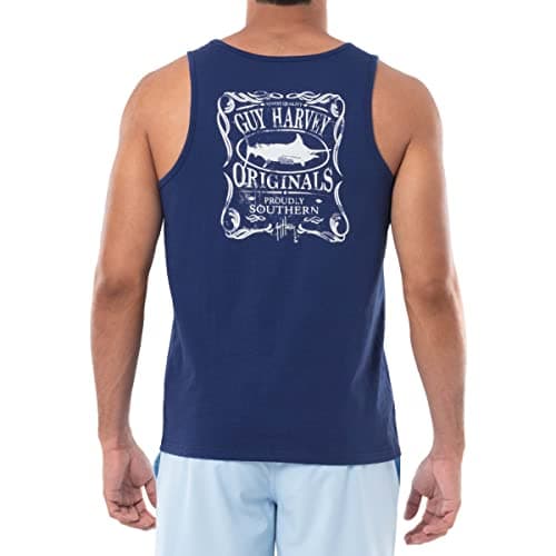 Guy Harvey Men's Fish Graphic Tank Top for Outdoor Adventures Bright Sun Protection — Estate Blue/Proudly Southern