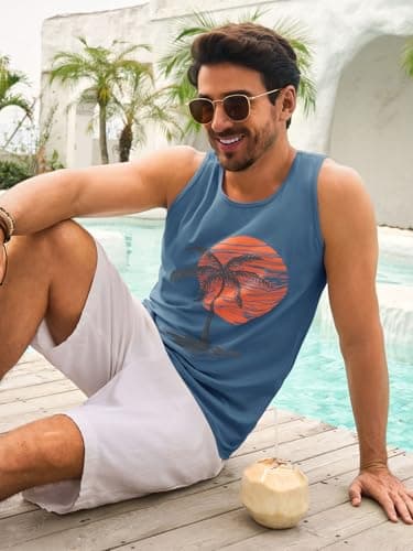 Damorong Mens Sleeveless Tank Tops Workout Gym Shirts - Vintage Style Palm Tree Print - Workout Comfortable T-Shirt
| D