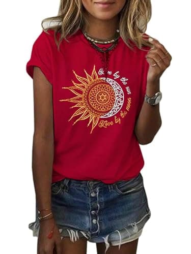 MaQiYa Women's Summer Vintage Short Sleeve Cotton Moon and Sun Printed T-Shirts Top
MaQiYa Women's Summer Graphic Tee Co