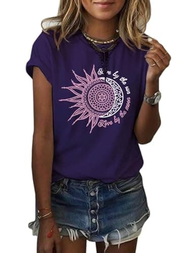 MaQiYa Women's Summer Vintage Short Sleeve Cotton Moon and Sun Printed T-Shirts Top
MaQiYa Women's Summer Graphic Tee Co — Purple