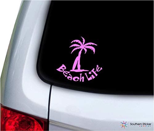 Beach Life Palm Tree Surfboard White Car Window Decalstickers USA Made and Shipped Color Vinyl — Soft Pink