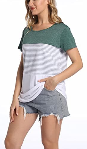 ANDUUNI Women's Crew Neck Short Sleeve Tees Color Block Striped T-Shirt Casual Loose Fit Fashion Tops - Vacation Casual