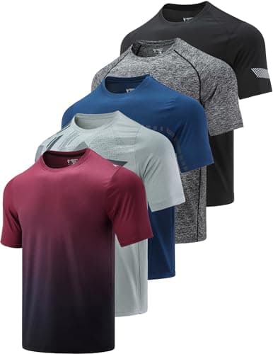 Liberty Imports Men’s Athletic Quick Dry Running Gym Workout Short Sleeve T-Shirts 5 Pack Bulk — Light Gray/Gradient Red/Blue/Charcoal/Black