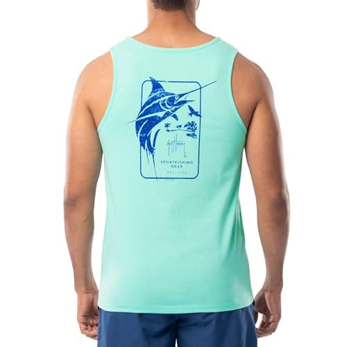 Guy Harvey Men's Fish Graphic Tank Top for Outdoor Adventures Bright Sun Protection — Beach Glass/Marlin Stencil