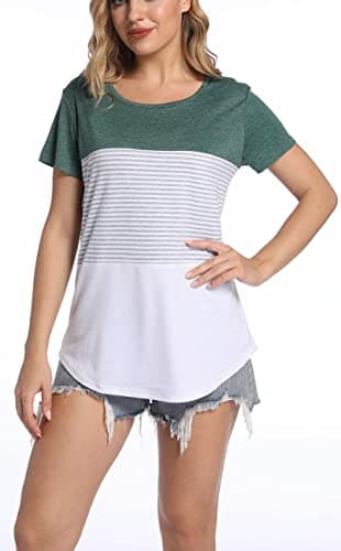 ANDUUNI Women's Crew Neck Short Sleeve Tees Color Block Striped T-Shirt Casual Loose Fit Fashion Tops - Vacation Casual