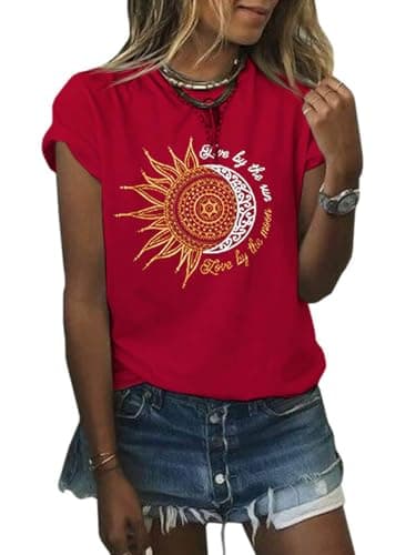 MaQiYa Women's Summer Vintage Short Sleeve Cotton Moon and Sun Printed T-Shirts Top
MaQiYa Women's Summer Graphic Tee Co