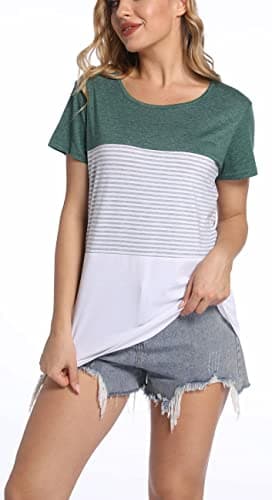 ANDUUNI Women's Crew Neck Short Sleeve Tees Color Block Striped T-Shirt Casual Loose Fit Fashion Tops - Vacation Casual