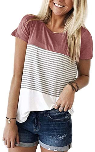 ANDUUNI Women's Crew Neck Short Sleeve Tees Color Block Striped T-Shirt Casual Loose Fit Fashion Tops - Vacation Casual — A Pink