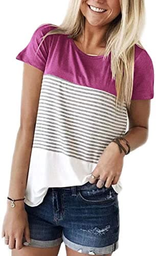 ANDUUNI Women's Crew Neck Short Sleeve Tees Color Block Striped T-Shirt Casual Loose Fit Fashion Tops - Vacation Casual — Red Purple