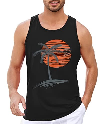 Damorong Mens Sleeveless Tank Tops Workout Gym Shirts - Vintage Style Palm Tree Print - Workout Comfortable T-Shirt
| D — Black