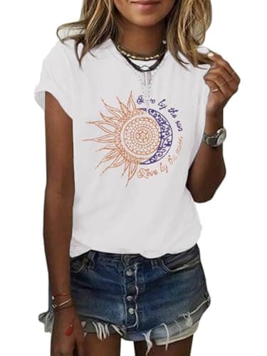 MaQiYa Women's Summer Vintage Short Sleeve Cotton Moon and Sun Printed T-Shirts Top
MaQiYa Women's Summer Graphic Tee Co — White