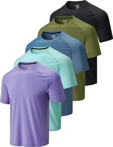 Liberty Imports Men’s Athletic Quick Dry Running Gym Workout Short Sleeve T-Shirts 5 Pack Bulk — Black/Olive/Cyan Blue/Dark Lavender/Soft Denim