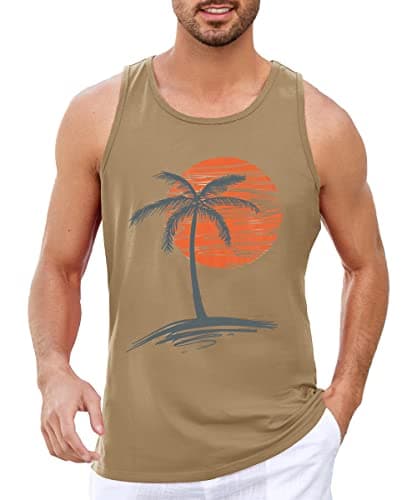Damorong Mens Sleeveless Tank Tops Workout Gym Shirts - Vintage Style Palm Tree Print - Workout Comfortable T-Shirt
| D — Khaki