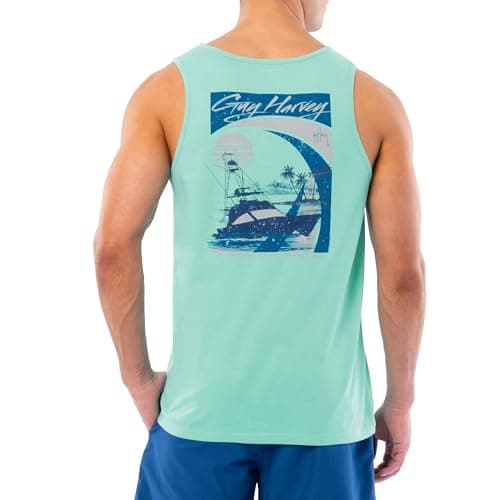 Guy Harvey Men's Fish Graphic Tank Top for Outdoor Adventures Bright Sun Protection — Pool Blue/Sunset Paradise