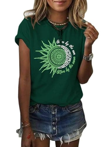 MaQiYa Women's Summer Vintage Short Sleeve Cotton Moon and Sun Printed T-Shirts Top
MaQiYa Women's Summer Graphic Tee Co — Green