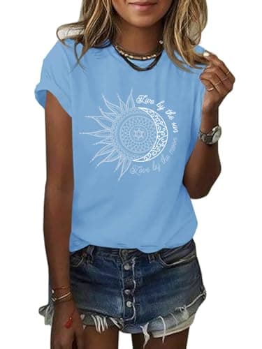 MaQiYa Women's Summer Vintage Short Sleeve Cotton Moon and Sun Printed T-Shirts Top
MaQiYa Women's Summer Graphic Tee Co — Sky Blue