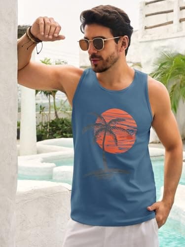 Damorong Mens Sleeveless Tank Tops Workout Gym Shirts - Vintage Style Palm Tree Print - Workout Comfortable T-Shirt
| D