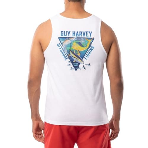 Guy Harvey Men's Fish Graphic Tank Top for Outdoor Adventures Bright Sun Protection — Bright White/Trifecta