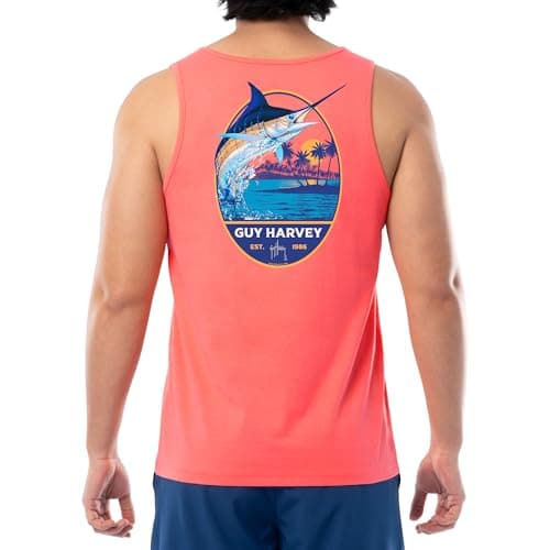 Guy Harvey Men's Fish Graphic Tank Top for Outdoor Adventures Bright Sun Protection — Dubarry/Blue Hawaiian