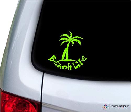 Beach Life Palm Tree Surfboard White Car Window Decalstickers USA Made and Shipped Color Vinyl — Lime Green