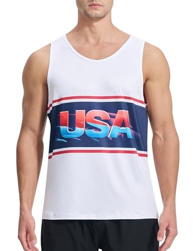 EZRUN Men's Quick Dry Workout Swim Beach Shirts Sleeveless Shirts for Bodybuilding Fitness Training — White/Red-usa