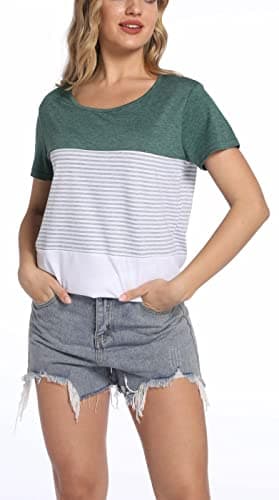 ANDUUNI Women's Crew Neck Short Sleeve Tees Color Block Striped T-Shirt Casual Loose Fit Fashion Tops - Vacation Casual