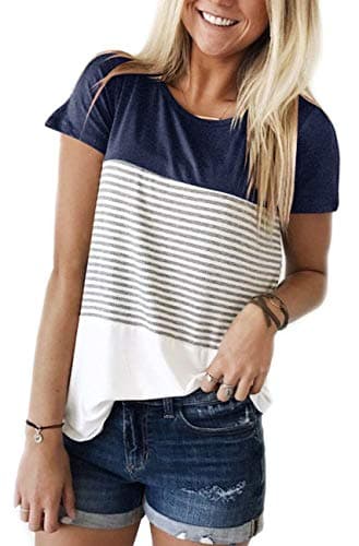 ANDUUNI Women's Crew Neck Short Sleeve Tees Color Block Striped T-Shirt Casual Loose Fit Fashion Tops - Vacation Casual — Dark Blue