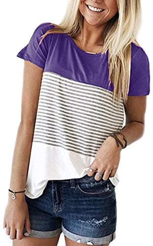 ANDUUNI Women's Crew Neck Short Sleeve Tees Color Block Striped T-Shirt Casual Loose Fit Fashion Tops - Vacation Casual — Purple