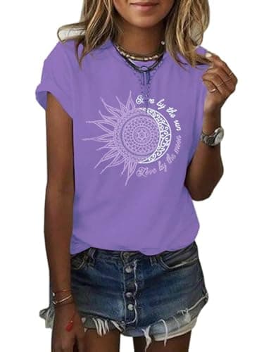 MaQiYa Women's Summer Vintage Short Sleeve Cotton Moon and Sun Printed T-Shirts Top
MaQiYa Women's Summer Graphic Tee Co — Light Purple
