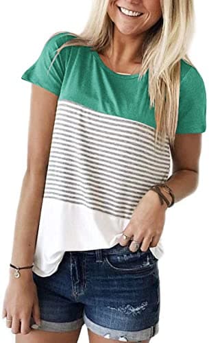 ANDUUNI Women's Crew Neck Short Sleeve Tees Color Block Striped T-Shirt Casual Loose Fit Fashion Tops - Vacation Casual — Light Green
