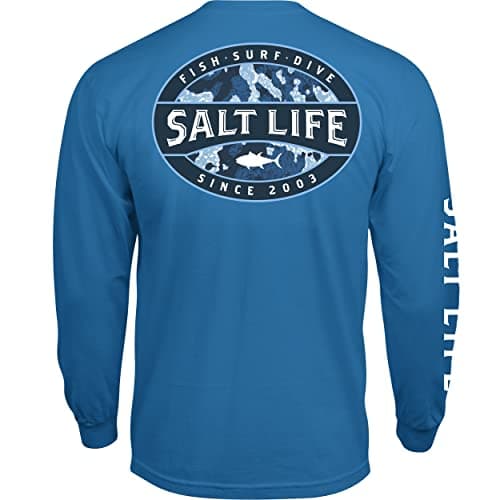 Salt Life Men's Atlas Badge Long Sleeve Crew Neck Tee + Size + Color + Cooling Fabric + Moisture Wicking + Versatile Sty — Atlantic Blue