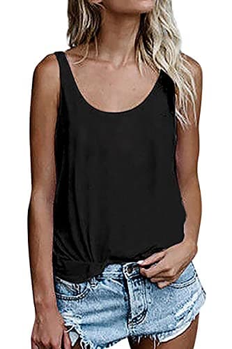 OMSJ Women Sleeveless Summer Tunic Loose Fit Tank Tops Trendy Styles — Solid Black