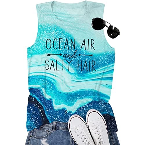 BANGELY Women Beach Tanks Ocean Air and Salty Hair Funny Summer Cruise Sleeveless Top
| BANGELY Family Vacation Women B — Blue-2