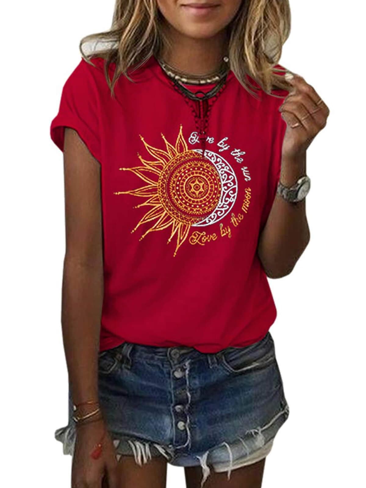 MaQiYa Women's Summer Vintage Short Sleeve Cotton Moon and Sun Printed T-Shirts Top
MaQiYa Women's Summer Graphic Tee Co