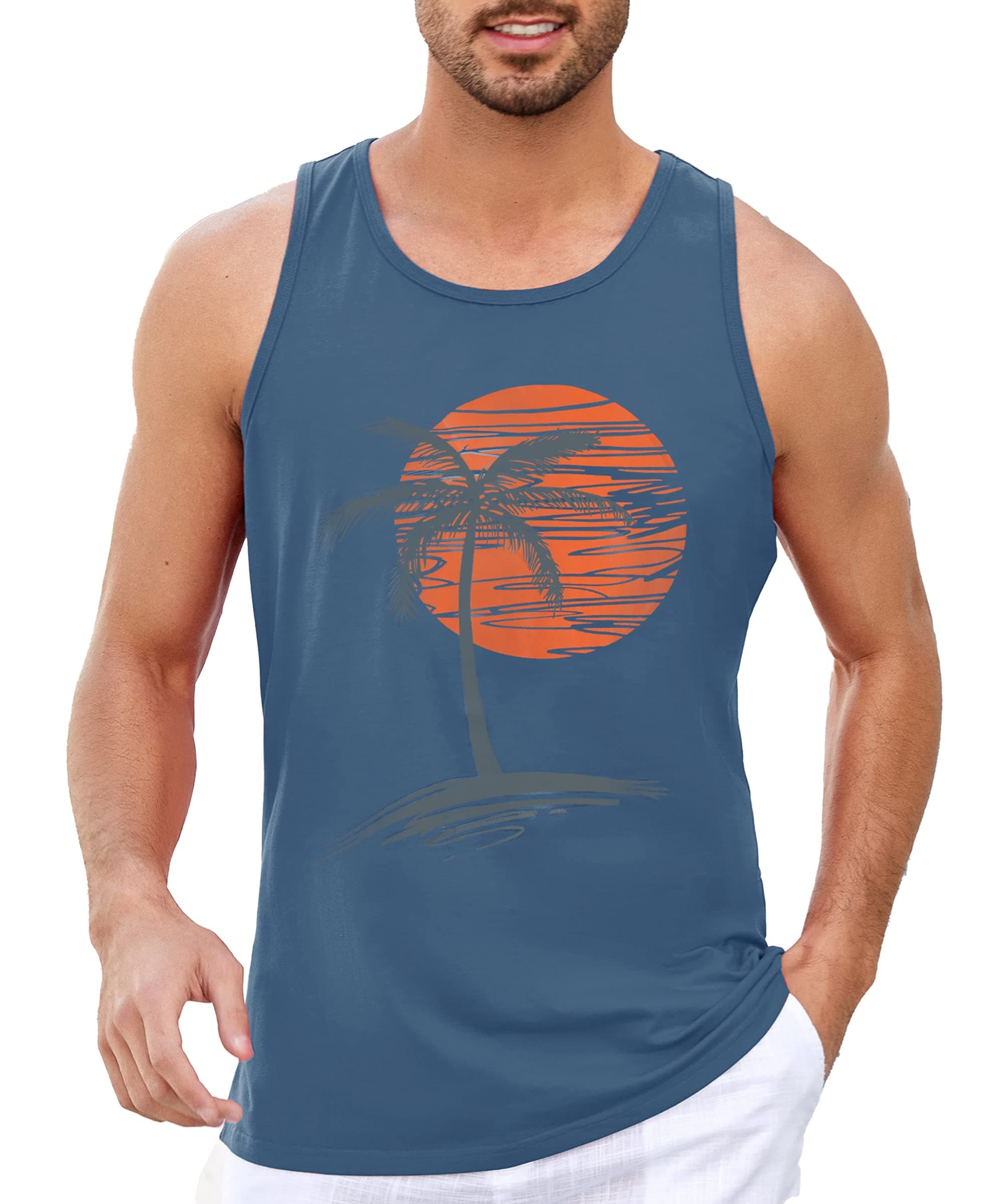 Damorong Mens Sleeveless Tank Tops Workout Gym Shirts - Vintage Style Palm Tree Print - Workout Comfortable T-Shirt
| D